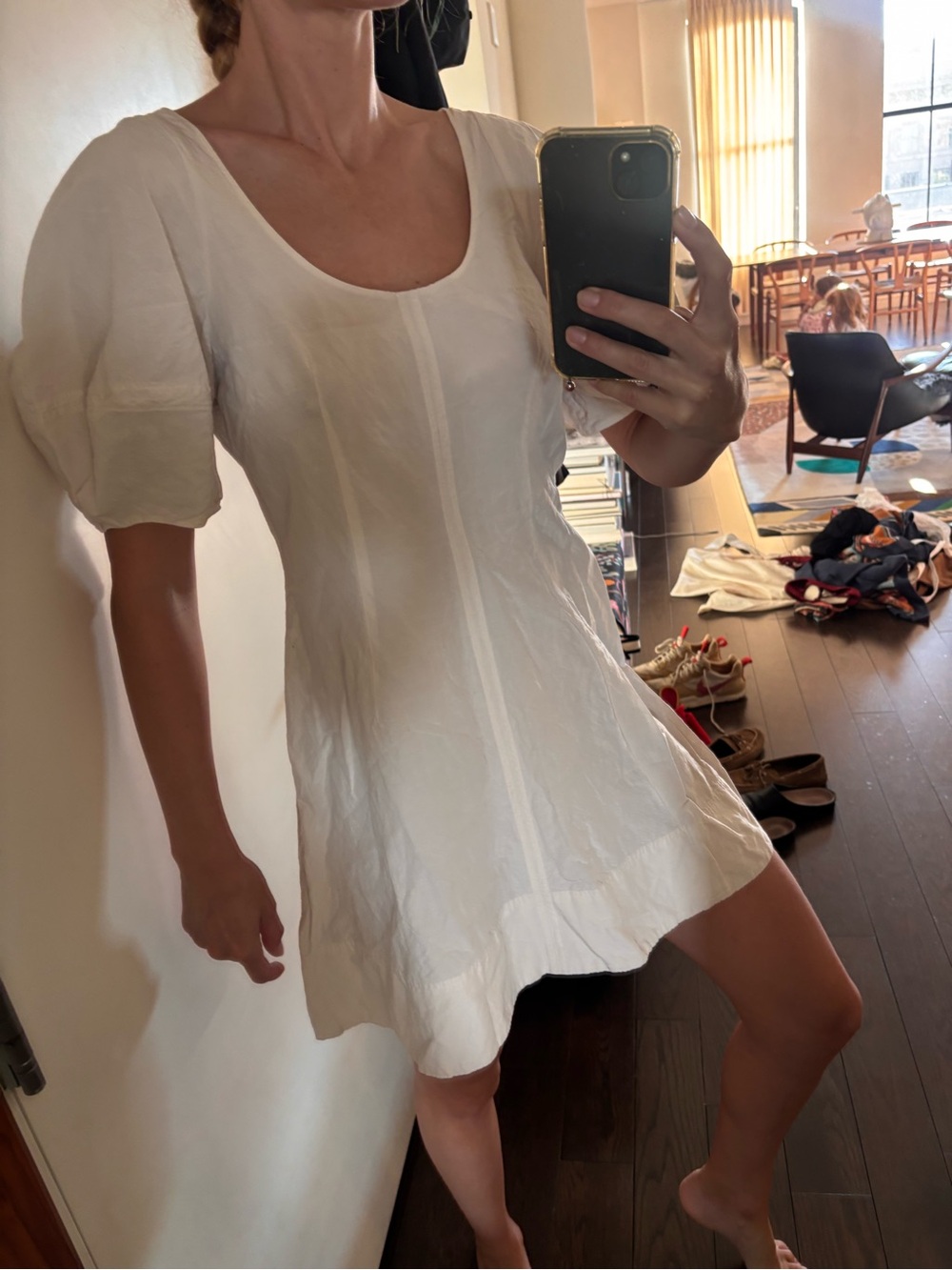 Apiece Apart White Scoop-Neck Mini Dress with Puff Sleeves